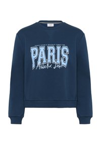 Felpa blu navy con polsini e orlo a coste, caratterizzata da testo "PARIS Athletic Dept." in azzurro e bianco e una stampa più piccola "French Republic Officially Tennis Club."