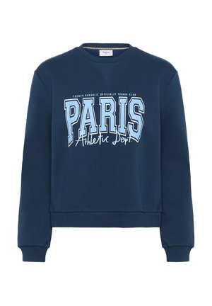 Sweatshirt bleu marine avec des poignets et un ourlet côtelés, comportant un texte "PARIS Athletic Dept." en bleu clair et blanc ainsi qu'une impression plus petite "French Republic Officially Tennis Club."