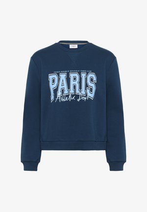 Granatowy sweter z ściągaczami przy rękawach i u dołu, z jasnoniebieskim i białym napisem "PARIS Athletic Dept." oraz mniejszym nadrukiem "French Republic Officially Tennis Club."