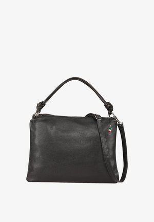 Zwarte gestructureerde leren handtas met een geknoopte handvat en verstelbare schouderriem, voorzien van een klein Italiaans vlaggetje bij de rits.