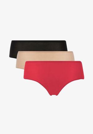 Three pairs of seamless briefs in black, nude, and red colors. Smooth fabric with a high-waisted design and no visible seams.