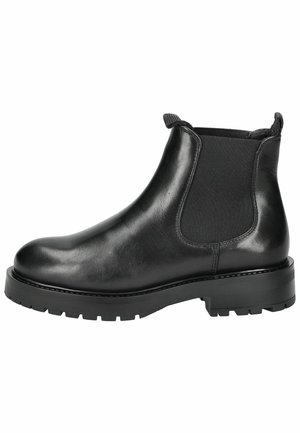 Bottine Chelsea en cuir noir avec des panneaux élastiques sur les côtés, bout rond et semelle épaisse à relief. Texture lisse avec une finition brillante.