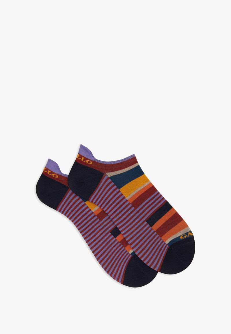 Un paio di calzini alla caviglia con strisce orizzontali multicolori in tonalità di viola, ruggine, senape, blu marino e arancione su uno sfondo bianco.