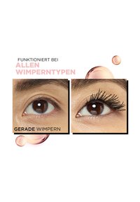 Nærbillede af et brunt øje før og efter påføring af mascara, der viser lige øjenvipper, der er forvandlet til lange, krøllede og tykkere vipper.