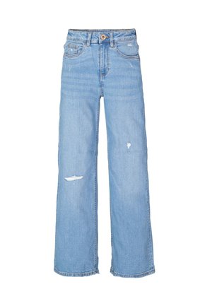 Jean bleu clair taille haute à jambes larges avec une légère usure au genou gauche et à la cuisse droite, bouton à l'avant et design cinq poches.