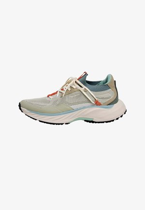 Leichter Laufschuh mit einem Mesh-Obermaterial in Beige-, Aqua- und Grautönen. Verfügt über synthetische Akzente, flache Schnürsenkel und eine strukturierte schwarze Sohle.