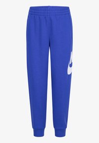 Modre bombažne trenirke z elastičnim pasom, manšeti na gležnjih in velikim belim logotipom Nike na levi nogi. Gladka tekstura, sproščen dizajn.