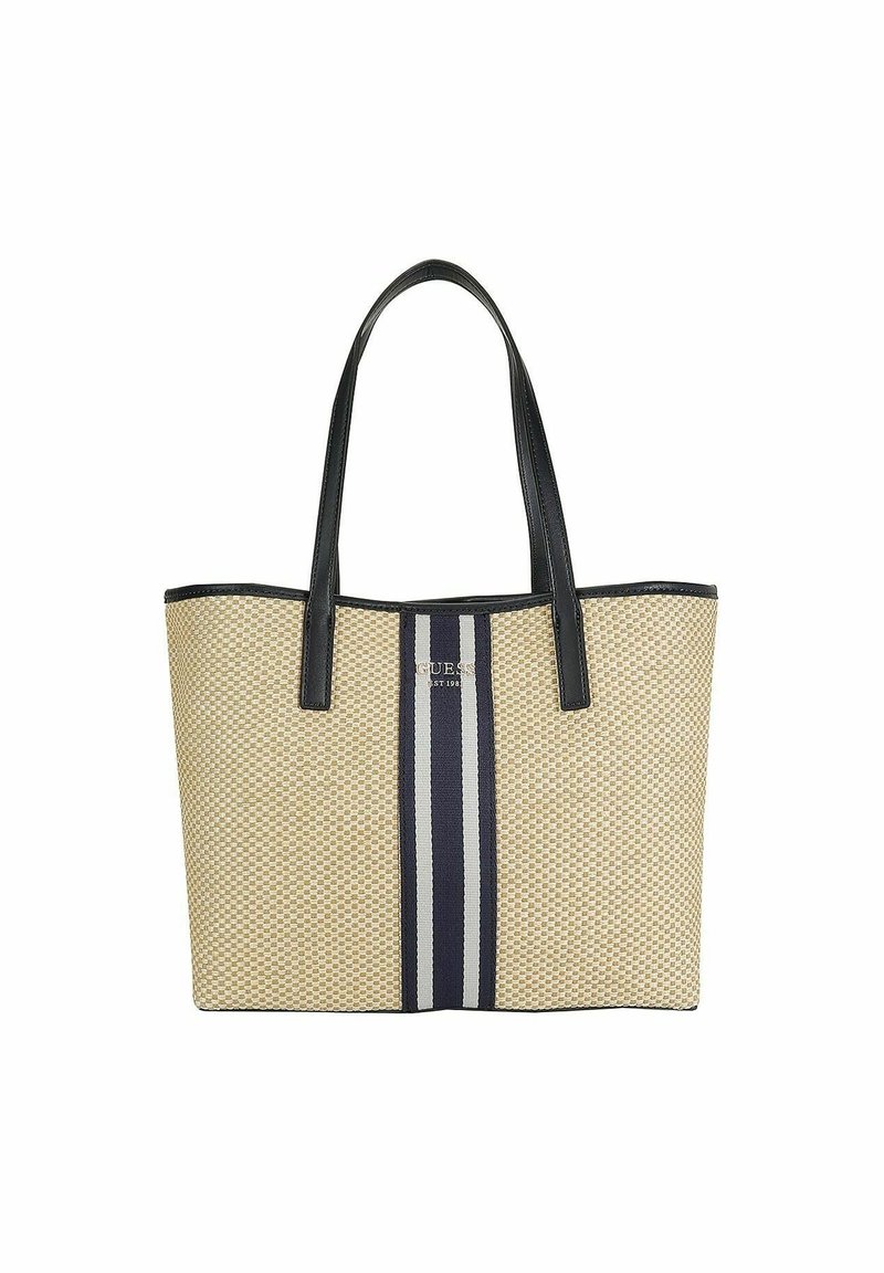 Sac fourre-tout en paille tissée avec des poignées en similicuir noir. Il présente une bande centrale bleu marine avec des accents blancs et un logo de marque.