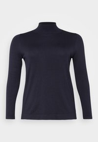 Navyblauer Rollkragenpullover aus weichem, dehnbarem Stoff. Verfügt über lange Ärmel und ein tailliertes Design mit einem gerippten Kragen und Saum.