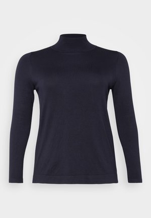 Navy blue turtleneck sweater made of soft, stretchy fabric. Features long sleeves and a fitted design, with a ribbed neckline and hem.