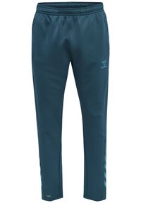 Trainingsbroek in donker teaal, gemaakt van zachte stof. Voorzien van een elastische tailleband, zijstrepen en een logo op het been. Ontworpen voor comfort.