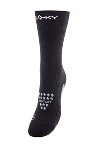 Calzino sportivo nero con design testurizzato, coste nella parte superiore e dettagli in gomma antiscivolo nella parte inferiore etichettato "FRONT LEFT".