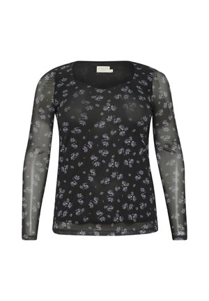 Schwarzes, langärmliges Oberteil mit einem runden Ausschnitt. Das Material ist transparent und zeigt zarte lila und weiße Blumenmuster auf dem Stoff.