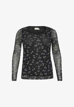 Svart blommig långärmad topp med en rundad halsringning. Materialet är genomskinligt och har ljuslila och vita blommönster över tyget.