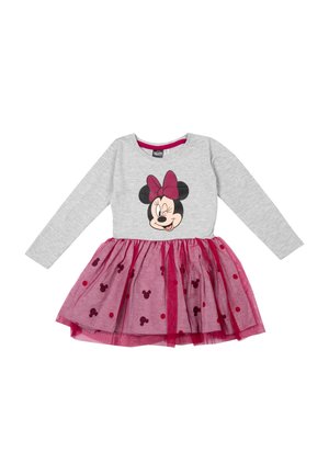 Graues langärmliges Kleid mit einem bedruckten Minnie-Maus-Design; rosa Netzrock mit Punkten, elastischem Bund und Rundhalsausschnitt.