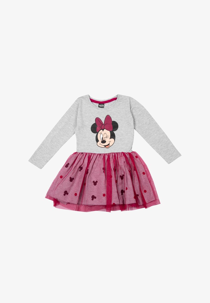 Graues langärmliges Kleid mit einem bedruckten Minnie-Maus-Design; rosa Netzrock mit Punkten, elastischem Bund und Rundhalsausschnitt.