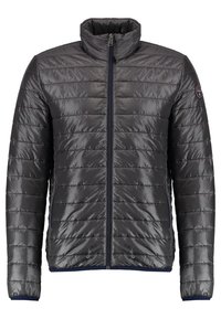 Gepolsterte Steppjacke in Dunkelgrau mit hohem Kragen, Frontreißverschluss und elastischen Bündchen. Glatte Textur mit horizontalen Nähten.