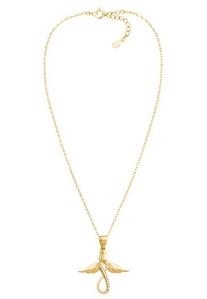 Collana d'oro con pendente infinito e ali, decorata con piccole pietre trasparenti, catena fine con chiusura e lunghezza regolabile.