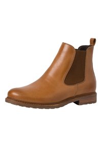 Stivali Chelsea in pelle tan con pannelli elastici ai lati, punta arrotondata, tacco basso impilato e inserti a pannello testurizzati. Superficie liscia e suola resistente.