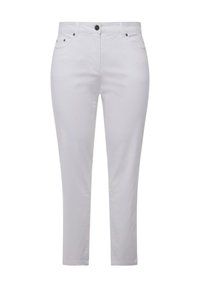 Pantalons en mélange de coton blanc avec une coupe slim, dotés de deux poches avant, d'une fermeture par bouton et de détails de couture subtils.
