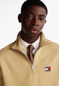 Pullover beige con mezza zip in un tessuto texturizzato e un piccolo logo ricamato in rosso, bianco e blu. Indossato sopra una camicia bianca con colletto e una cravatta marrone.