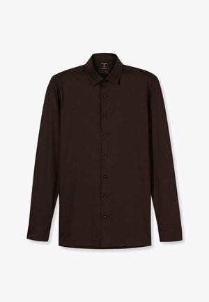 Donkerbruin overhemd met lange mouwen en een button-down kraag, voorzien van een knoopsluiting aan de voorkant en een gladde, gestructureerde stof.