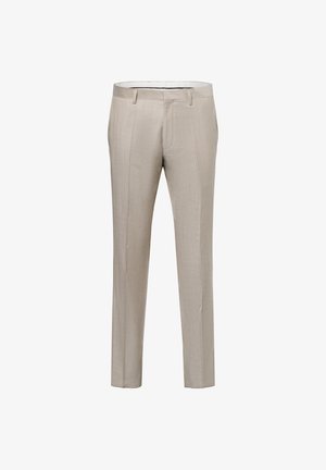 Beige maßgeschneiderte Hosen mit geradem Schnitt, aus einem leichten Stoff gefertigt, mit zwei vorderen Falten und einer glatten Textur.