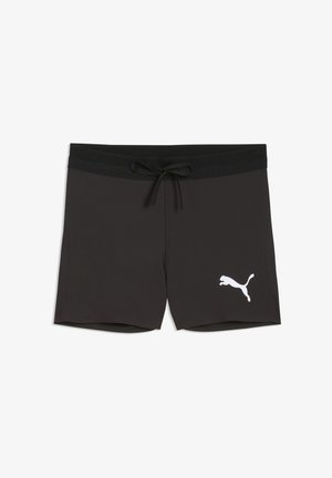 Pantaloncini da bagno neri in tessuto liscio, con un elastico nero in vita con coulisse e un logo Puma bianco sul lato.