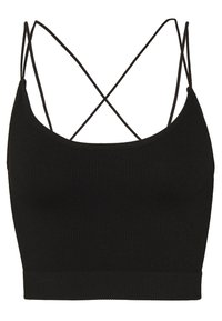 Svart ribbad bralette med en åtsittande design, justerbara tunna remmar som korsar på baksidan och en platt, sömlös nederdel.