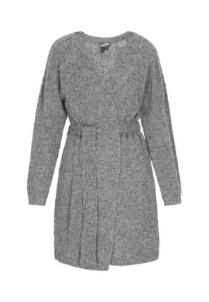 Grauer gestrickter Cardigan mit Wickeldesign, langen Ärmeln und passendem Gürtel. Hergestellt aus weichem, strukturiertem Material für Wärme.