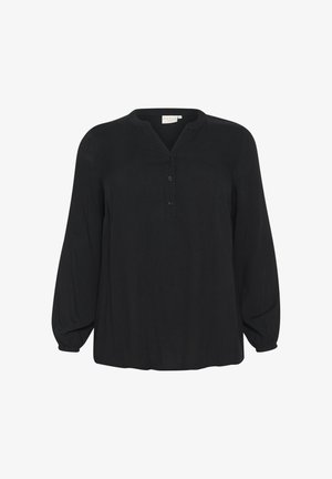 Schwarze langärmelige Bluse aus strukturiertem Stoff, mit V-Ausschnitt, Knopfdetails und gerafften Ärmeln für eine entspannte Passform.