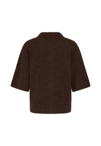 Pull en laine marron foncé à manches courtes vu de dos, avec ourlet côtelé et col, posé à plat sur un fond blanc.