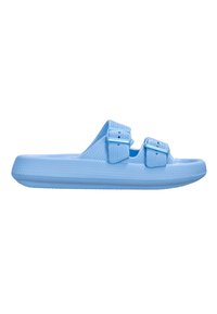 Light blue clogs made of textured rubber, featuring two adjustable buckles and a simple, flat sole design.