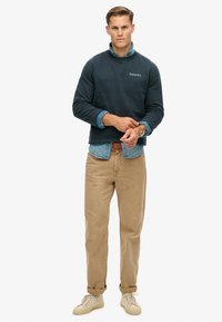 Sudadera azul oscura con cuello redondo, camisa de mezclilla gris debajo, pantalones caqui y zapatillas de color claro. Diseño sencillo, sin patrones.