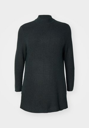 Dark green, ribbed knit long-sleeve tunic with a high neckline and a relaxed fit. Features a straight hem and side slits at the bottom.