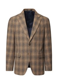 Brązowa marynarka w kratę, wykonana z teksturowanej tkaniny, z wciętym kołnierzem, dwoma guzikami i granatową podszewką w kropki.