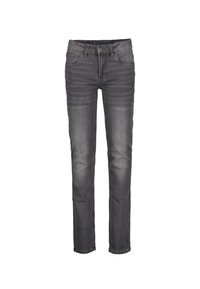 Grijze denim jeans met een rechte pasvorm, vijf zakken, subtiele vervaging, knoopsluiting en riemlussen.