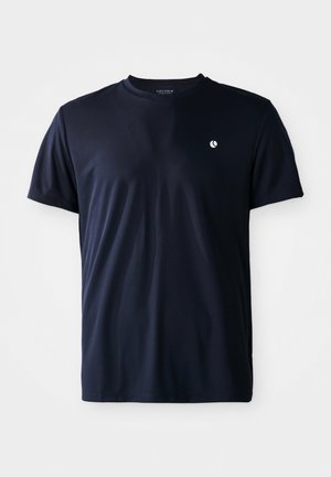 T-shirt de sport bleu marine à manches courtes avec un petit logo blanc sur la poitrine gauche et un col rond.
