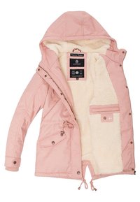 Lys rosa hettegenser med myk kremfarge på innsiden, med glidelås foran, to ytterlommer og en liten innerlomme.