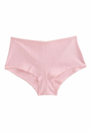 Rosa bomullstrosor i boyshort-stil med ett strukturerat vertikalt randmönster, dekorerade med scallopade kanter och en slät yta. Ingen synlig branding.