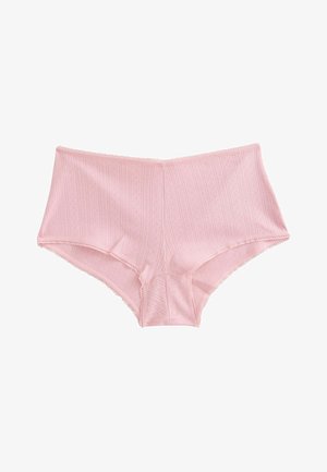 Rosa Baumwoll-Boyshorts mit einem strukturierten vertikalen Streifenmuster, ausgestattet mit gewellten Kanten und einer glatten Oberfläche. Keine sichtbare Markenkennzeichnung.