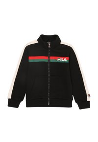 Felpa nera con zip e colletto alto, strisce bianche sulle spalle, strisce orizzontali verdi e rosse, e logo Fila sul petto.