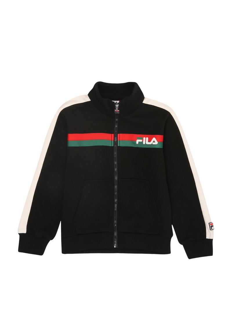 Felpa nera con zip e colletto alto, strisce bianche sulle spalle, strisce orizzontali verdi e rosse, e logo Fila sul petto.