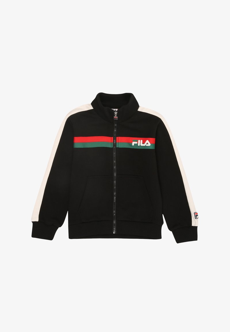 Sweatshirt noir zippé avec col haut, rayures blanches aux épaules, rayures horizontales vertes et rouges, et logo Fila sur la poitrine.