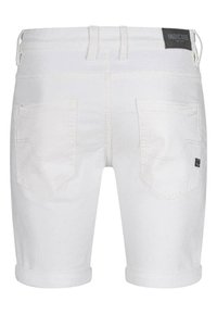 White denim shorts with rolled cuffs, two back pockets featuring a subtle pattern, and a black label on the waistband reading "INDICODE."