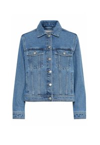Chaqueta de denim azul claro con cuello clásico, dos bolsillos en el pecho, botonera al frente y bolsillos laterales. Presenta un diseño ajustado y detalles de costura.