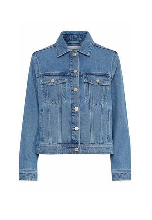 Világoskék farmerdzseki klasszikus gallérral, két mellzsebbel, gombos elejével és oldalzsebekkel. Rövidített fazonú, varrási részletekkel rendelkezik.