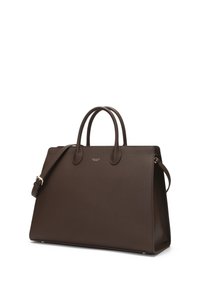 Brown leather tote bag with two top handles and a detachable shoulder strap. Textured surface and gold-tone hardware accents.