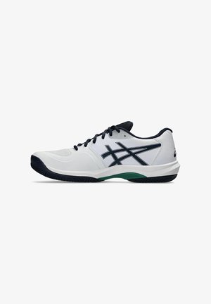 Weißer Sportschuh mit Obermaterial aus Mesh und Synthetik, navyfarbigen Akzenten, geschwungenem Design und Gummisohle. Verfügt über ein Schnürsystem und Logodetails.
