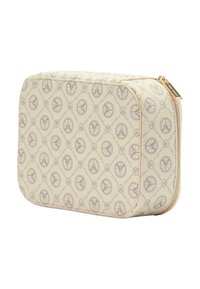 Kosmetiktaske i cremefarvet med blød tekstur, prydet med gentagne fredssymboler og lynlåshardware i guldfarve.